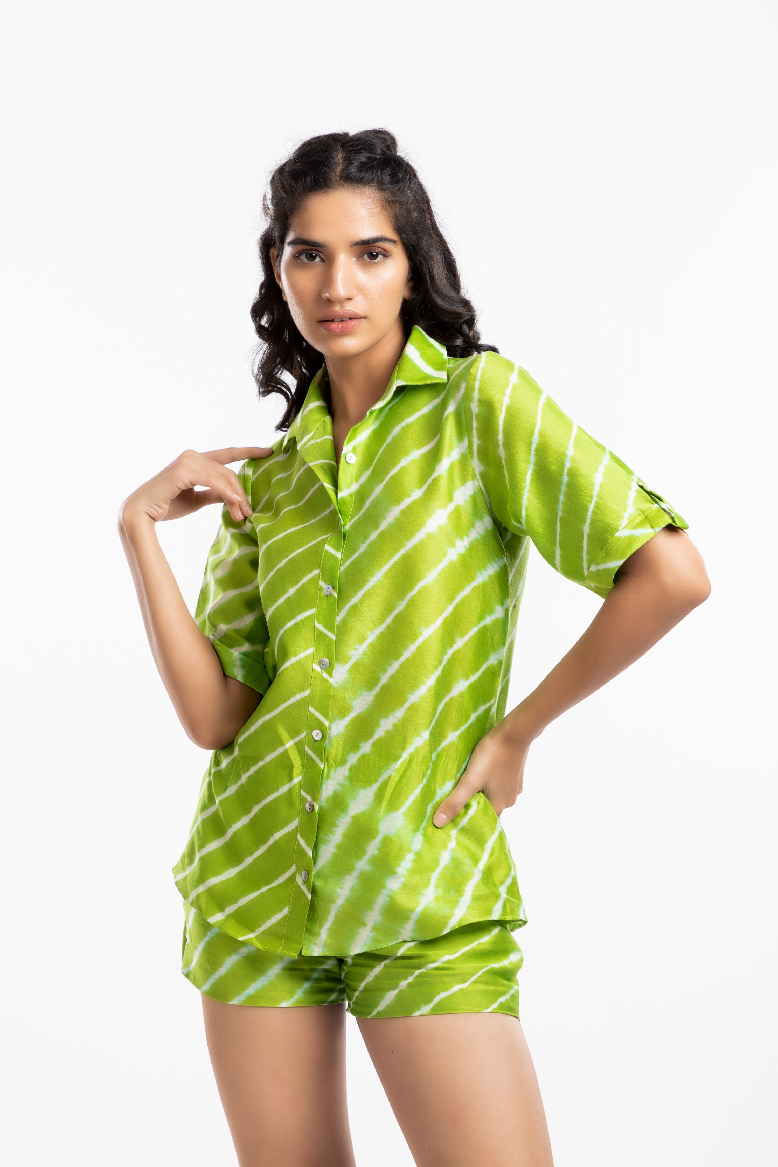 Green Shirt by House Of Ara with Casual Wear, Chanderi, Cotton, Green, Leheriya, Leheriya Collection, Natural, Regular Fit, Shirts, Silk, Stripes, Womenswear at Kamakhyaa for sustainable fashion