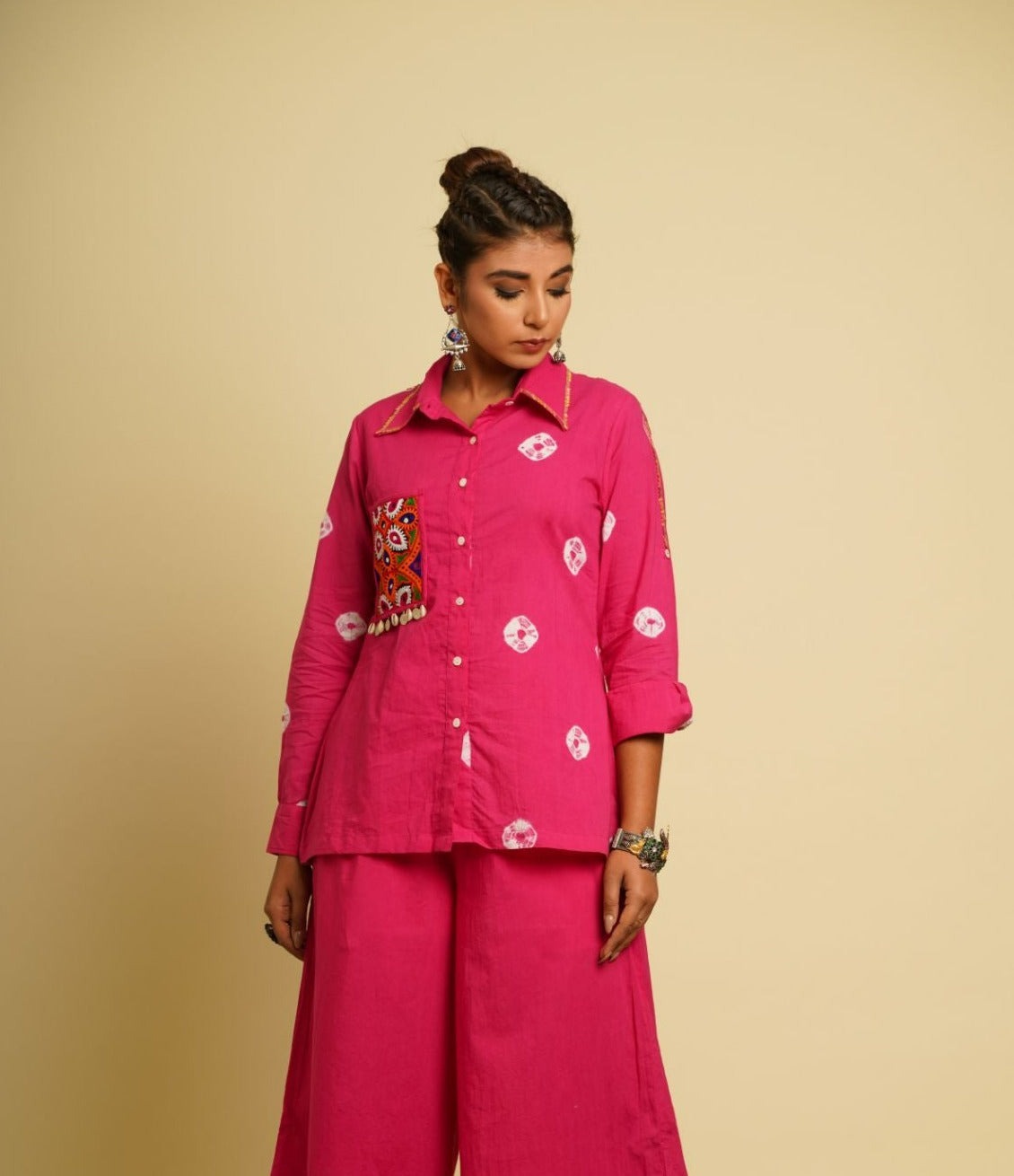Pink Embroidered Cotton Shirt by Keva with 100% cotton, Fusion Wear, Less than $50, Natural, New, Ombre & Dyes, Pink, Regular Fit, Saba, Shirts, Tops, Womenswear at Kamakhyaa for sustainable fashion