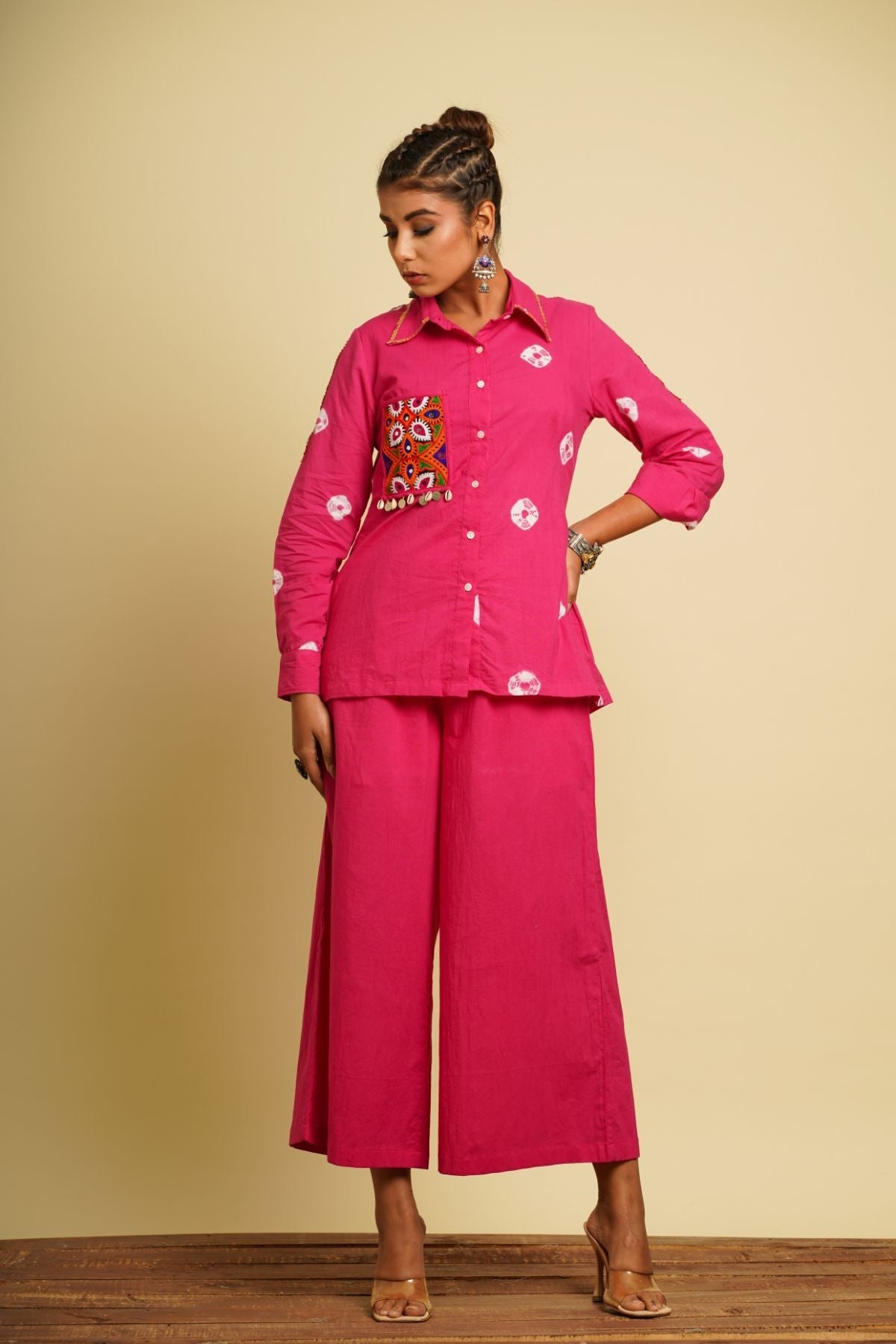 Pink Embroidered Cotton Co-ord Set by Keva with 100% cotton, Co-ord Sets, For Anniversary, Fusion Wear, Natural, New, Ombre & Dyes, party, Party Wear Co-ords, Pink, Regular Fit, Saba, Womenswear at Kamakhyaa for sustainable fashion