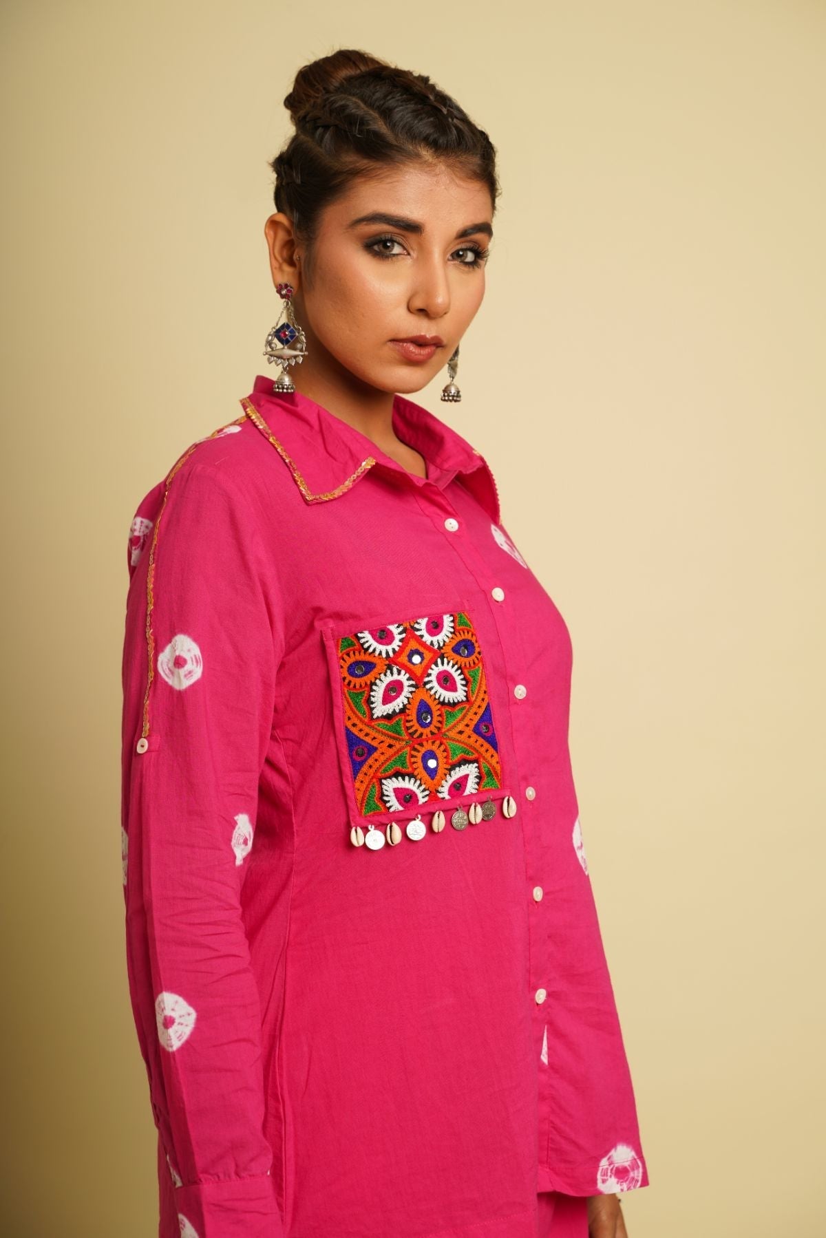 Pink Embroidered Cotton Shirt by Keva with 100% cotton, Fusion Wear, Less than $50, Natural, New, Ombre & Dyes, Pink, Regular Fit, Saba, Shirts, Tops, Womenswear at Kamakhyaa for sustainable fashion
