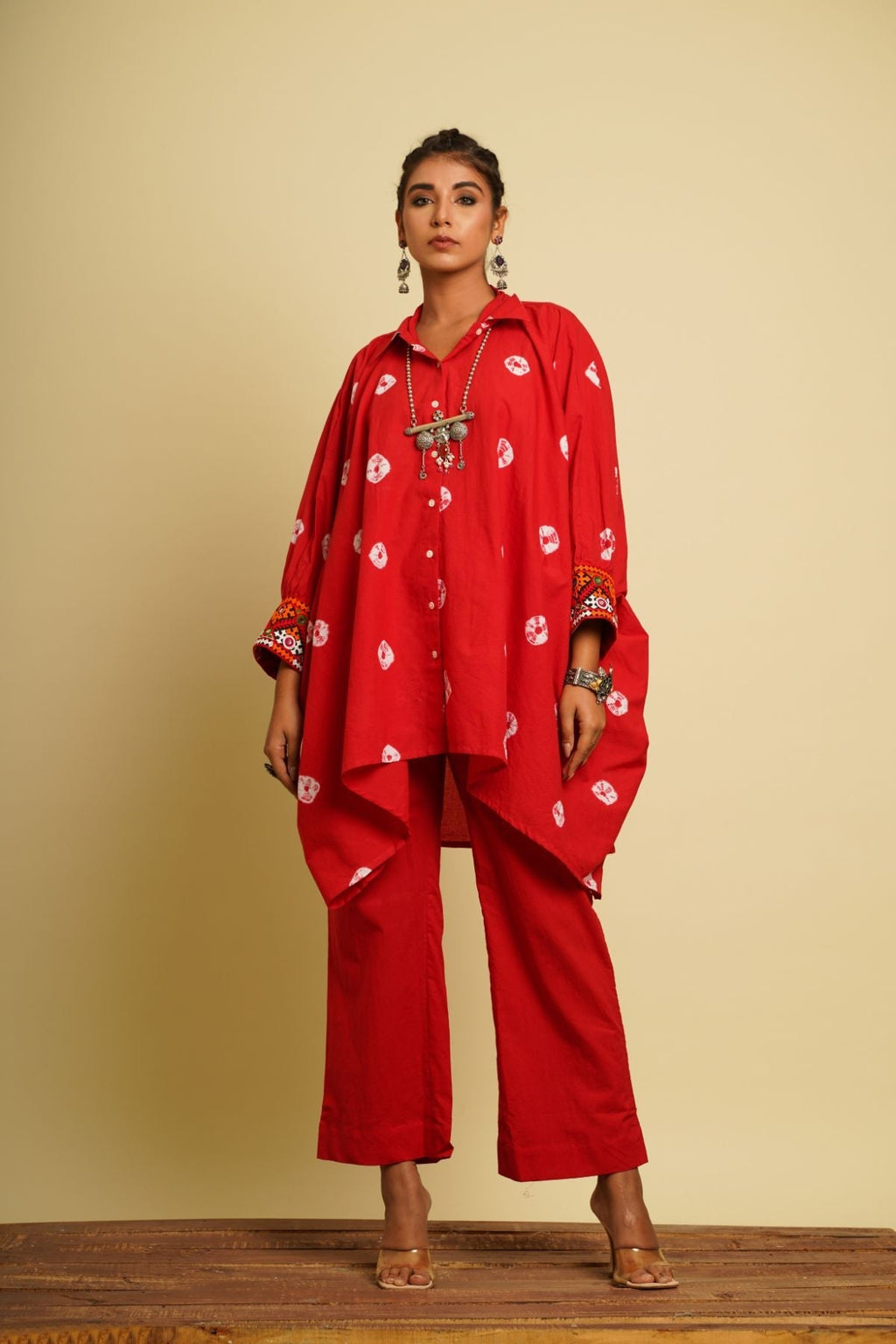 Red Embroidered Cotton Co-ord Set by Keva with 100% cotton, Co-ord Sets, Fusion Wear, Natural, New, Ombre & Dyes, party, Party Wear Co-ords, Red, Relaxed Fit, Saba, Womenswear at Kamakhyaa for sustainable fashion