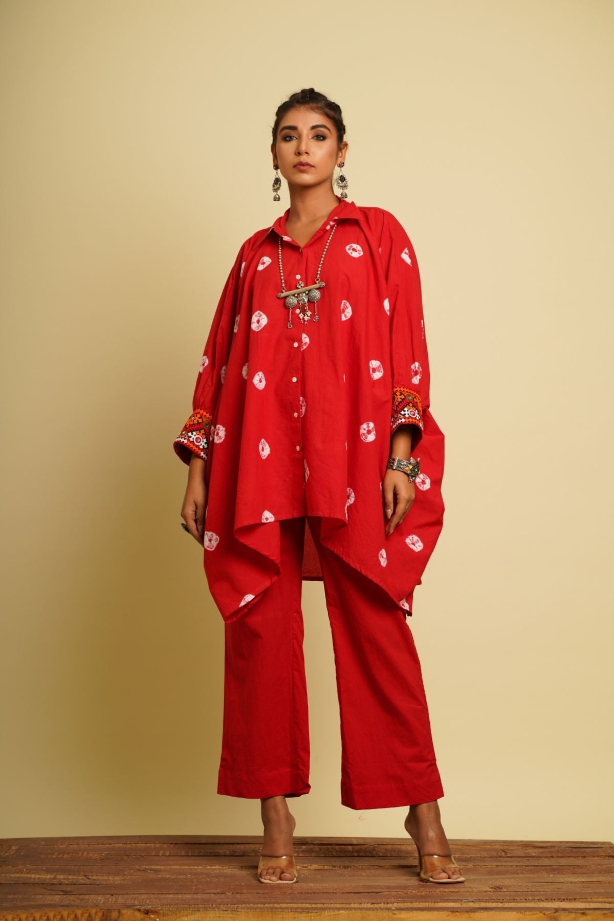 Red Embroidered Cotton Co-ord Set by Keva with 100% cotton, Co-ord Sets, Fusion Wear, Natural, New, Ombre & Dyes, party, Party Wear Co-ords, Red, Relaxed Fit, Saba, Womenswear at Kamakhyaa for sustainable fashion