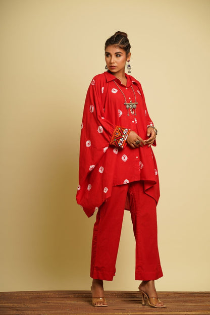 Red Embroidered Cotton Kaftan by Keva with 100% cotton, Fusion Wear, Kaftan Tops, Less than $50, Natural, New, Ombre & Dyes, Red, Relaxed Fit, Saba, Shirts, Womenswear at Kamakhyaa for sustainable fashion