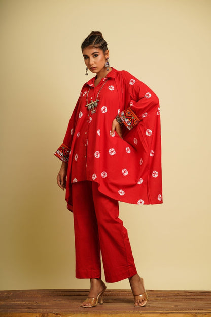 Red Embroidered Cotton Kaftan by Keva with 100% cotton, Fusion Wear, Kaftan Tops, Less than $50, Natural, New, Ombre & Dyes, Red, Relaxed Fit, Saba, Shirts, Womenswear at Kamakhyaa for sustainable fashion