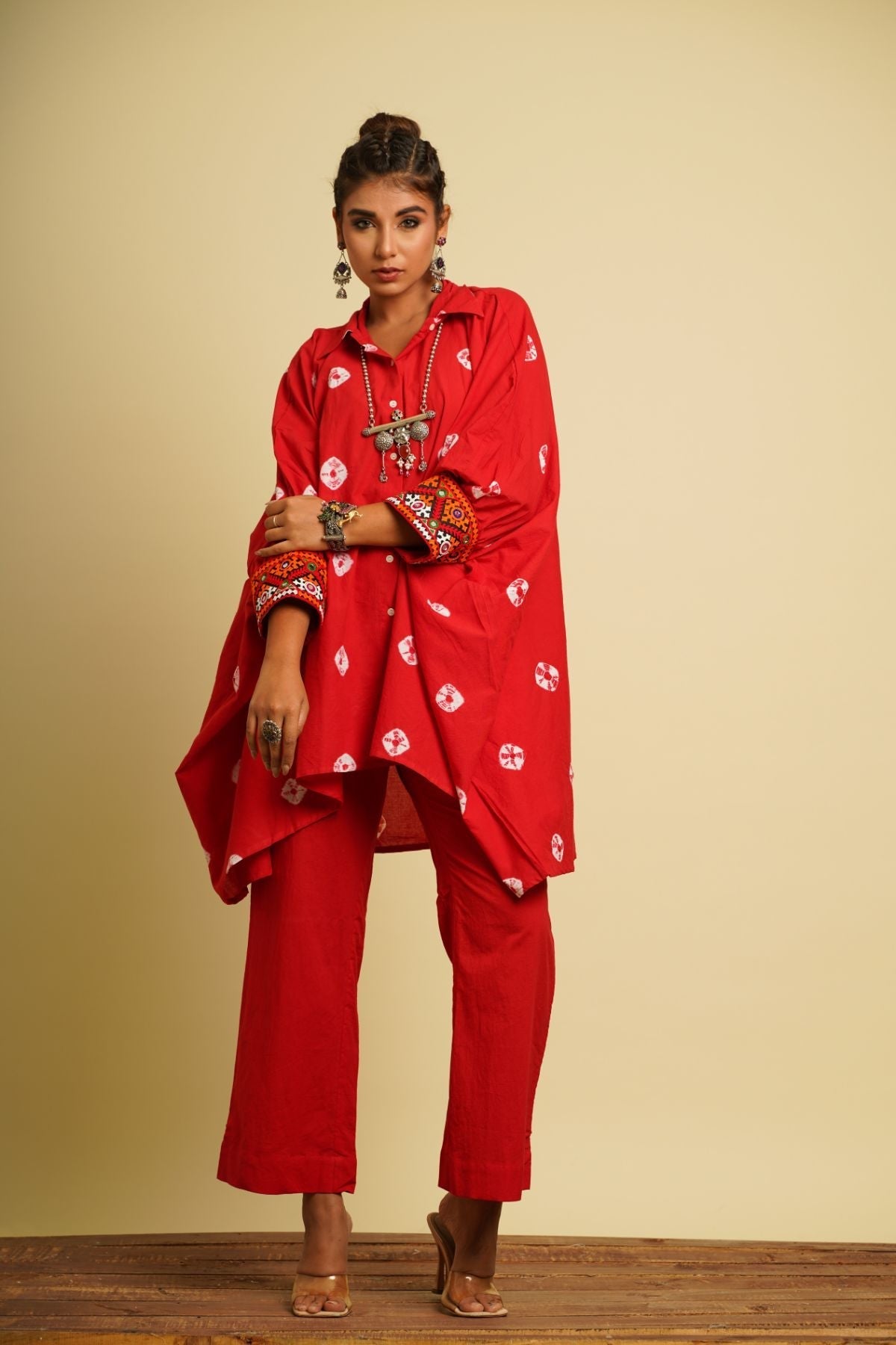Red Embroidered Cotton Kaftan by Keva with 100% cotton, Fusion Wear, Kaftan Tops, Less than $50, Natural, New, Ombre & Dyes, Red, Relaxed Fit, Saba, Shirts, Womenswear at Kamakhyaa for sustainable fashion