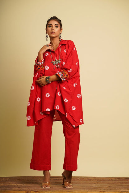 Red Embroidered Cotton Kaftan by Keva with 100% cotton, Fusion Wear, Kaftan Tops, Less than $50, Natural, New, Ombre & Dyes, Red, Relaxed Fit, Saba, Shirts, Womenswear at Kamakhyaa for sustainable fashion