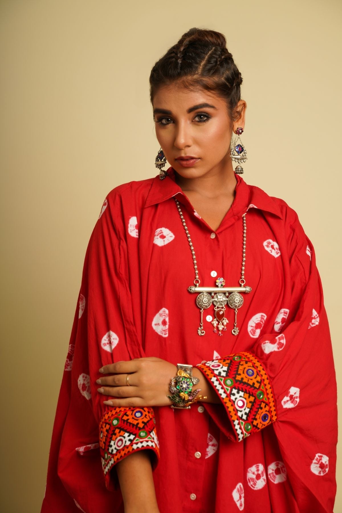 Red Embroidered Cotton Kaftan by Keva with 100% cotton, Fusion Wear, Kaftan Tops, Less than $50, Natural, New, Ombre & Dyes, Red, Relaxed Fit, Saba, Shirts, Womenswear at Kamakhyaa for sustainable fashion