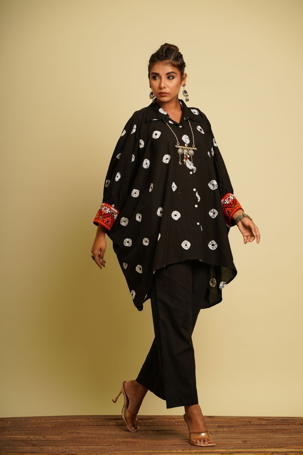 Black Embroidered Cotton Kaftan by Keva with 100% cotton, Black, For Mother, Fusion Wear, Kaftan Dresses, Kaftan Tops, Less than $50, Natural, New, Ombre & Dyes, Relaxed Fit, Saba, Shirts, Womenswear at Kamakhyaa for sustainable fashion