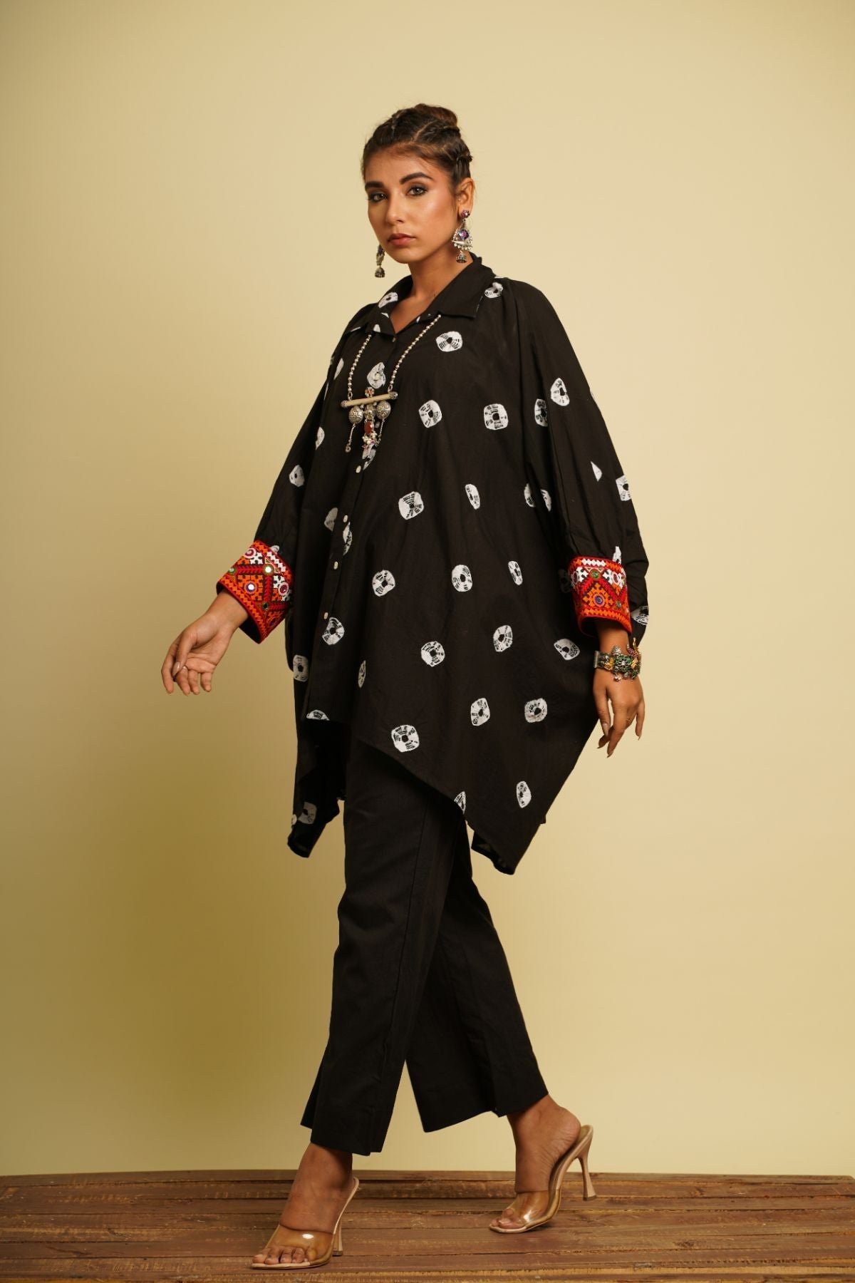 Black Embroidered Cotton Kaftan by Keva with 100% cotton, Black, For Mother, Fusion Wear, Kaftan Dresses, Kaftan Tops, Less than $50, Natural, New, Ombre & Dyes, Relaxed Fit, Saba, Shirts, Womenswear at Kamakhyaa for sustainable fashion