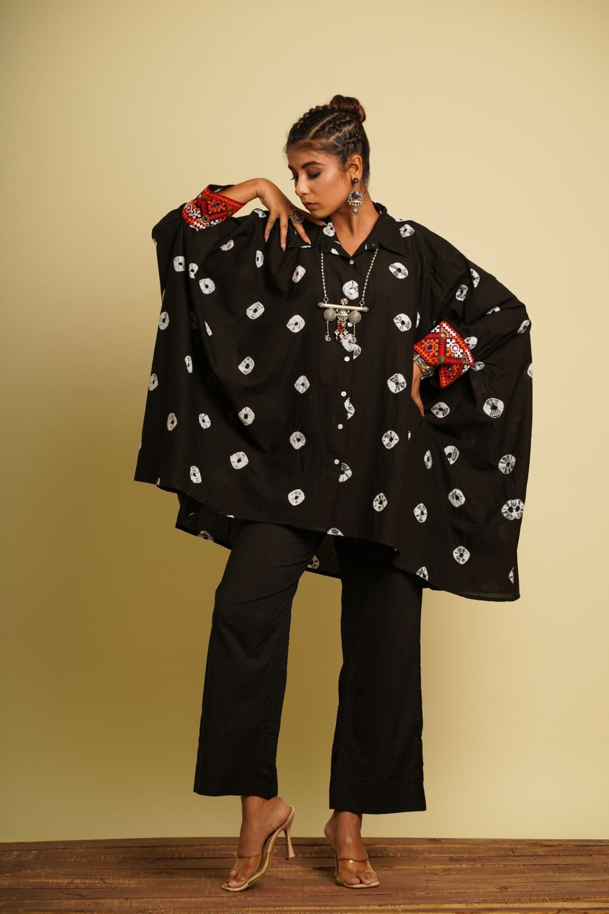 Black Embroidered Cotton Kaftan by Keva with 100% cotton, Black, For Mother, Fusion Wear, Kaftan Dresses, Kaftan Tops, Less than $50, Natural, New, Ombre & Dyes, Relaxed Fit, Saba, Shirts, Womenswear at Kamakhyaa for sustainable fashion