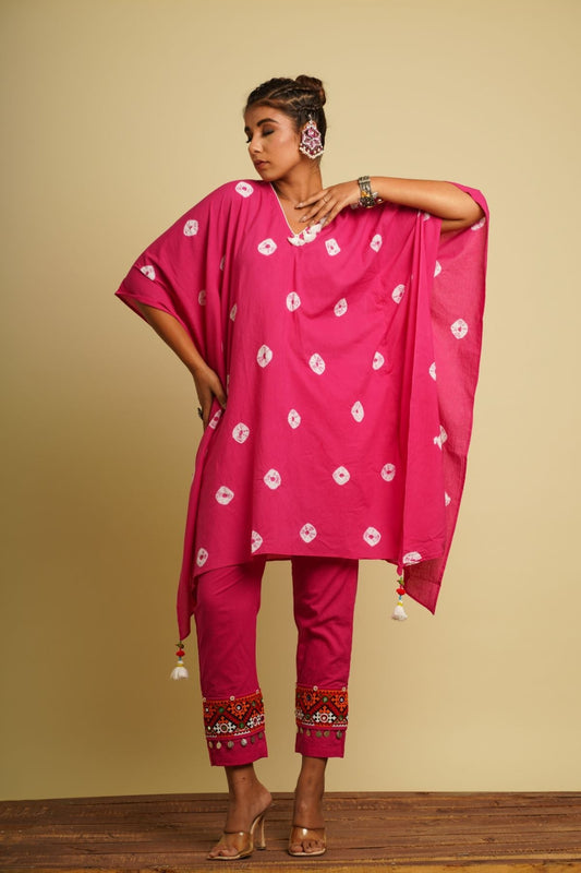 Pink Embellished Cotton Co-ord Set 100% cotton, Fuschia, Fusion Wear, Kaftan Set, Natural, New, Ombres & Dyes, Relaxed Fit, Saba, Verification Kamakhyaa