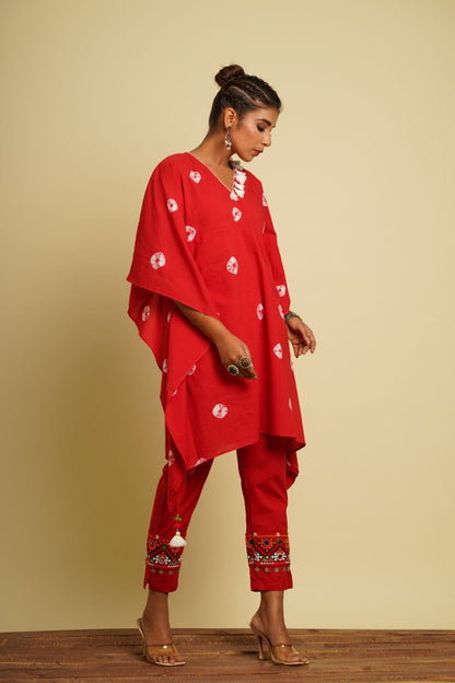 Red Embroidered Cotton Co-ord Set by Keva with 100% cotton, Co-ord Sets, For Anniversary, Fusion Wear, Kaftan Set, Natural, New, Ombre & Dyes, party, Party Wear Co-ords, Red, Relaxed Fit, Saba, Womenswear at Kamakhyaa for sustainable fashion