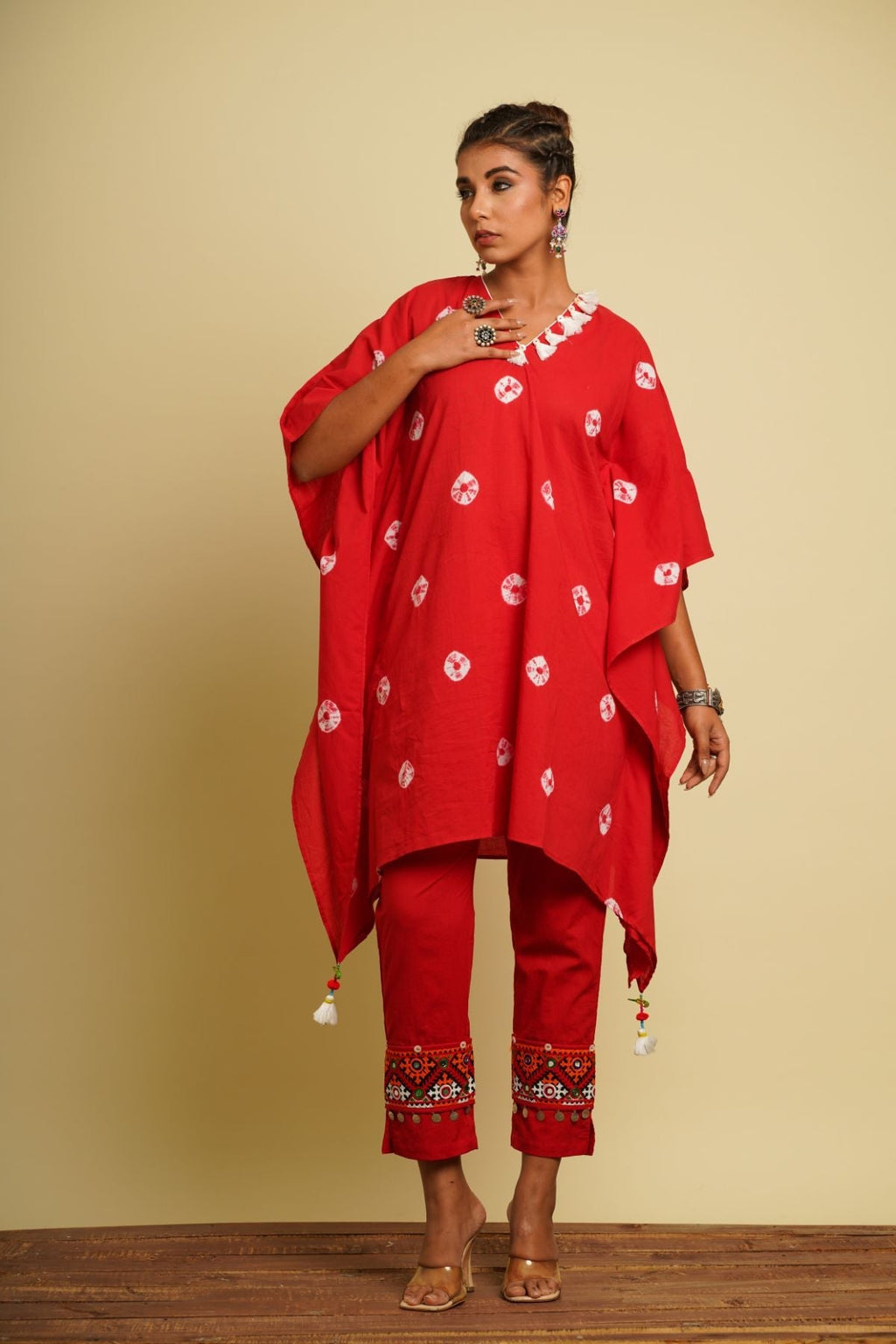 Red Embroidered Cotton Co-ord Set by Keva with 100% cotton, Co-ord Sets, For Anniversary, Fusion Wear, Kaftan Set, Natural, New, Ombre & Dyes, party, Party Wear Co-ords, Red, Relaxed Fit, Saba, Womenswear at Kamakhyaa for sustainable fashion