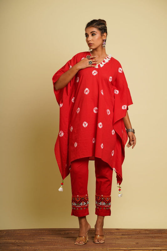 Red Embroidered Cotton Co-ord Set by Keva with 100% cotton, Co-ord Sets, For Anniversary, Fusion Wear, Kaftan Set, Natural, New, Ombre & Dyes, party, Party Wear Co-ords, Red, Relaxed Fit, Saba, Womenswear at Kamakhyaa for sustainable fashion