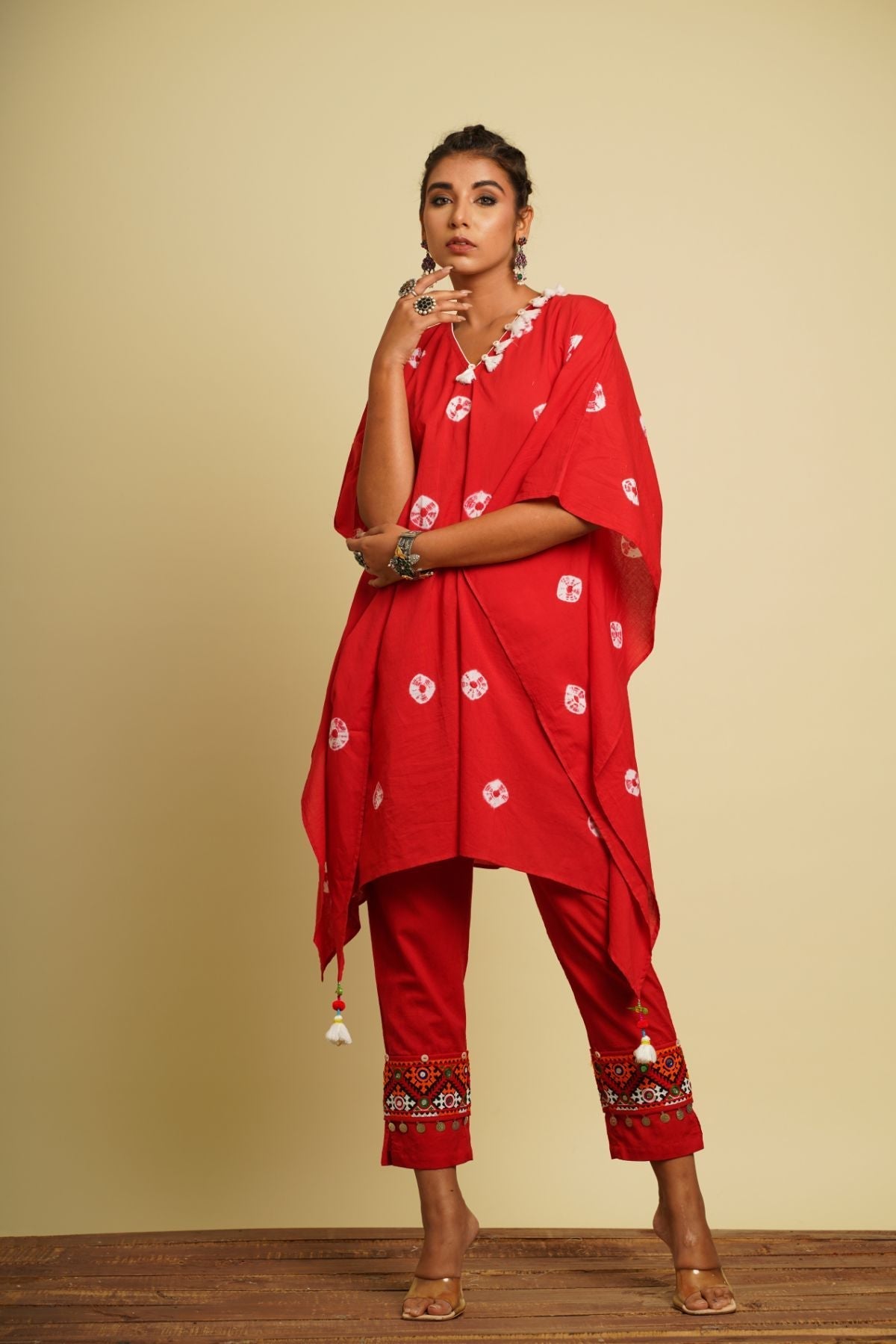 Red Embroidered Cotton Co-ord Set by Keva with 100% cotton, Co-ord Sets, For Anniversary, Fusion Wear, Kaftan Set, Natural, New, Ombre & Dyes, party, Party Wear Co-ords, Red, Relaxed Fit, Saba, Womenswear at Kamakhyaa for sustainable fashion
