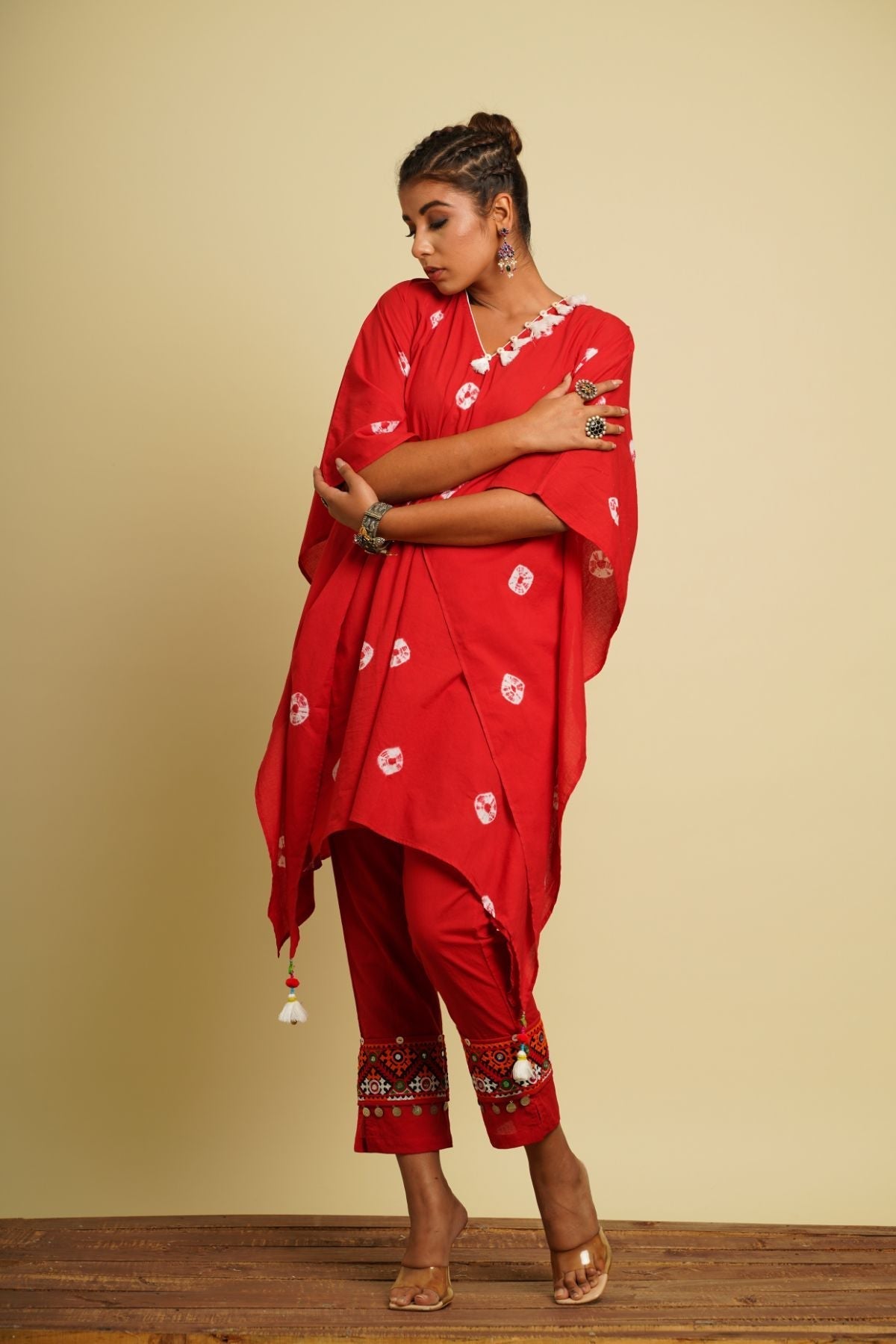 Ramya Complete Sets 100% cotton, Fusion Wear, Kaftan Set, Natural, Ombres & Dyes, Red, Relaxed Fit, Saba Keva Kamakhyaa