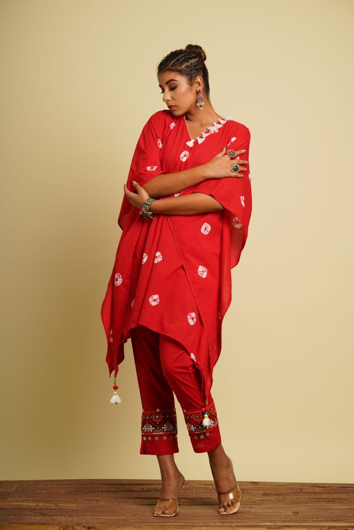 Red Embroidered Cotton Co-ord Set by Keva with 100% cotton, Co-ord Sets, For Anniversary, Fusion Wear, Kaftan Set, Natural, New, Ombre & Dyes, party, Party Wear Co-ords, Red, Relaxed Fit, Saba, Womenswear at Kamakhyaa for sustainable fashion
