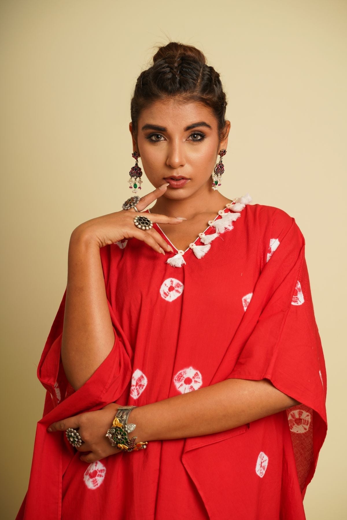 Red Embroidered Cotton Co-ord Set by Keva with 100% cotton, Co-ord Sets, For Anniversary, Fusion Wear, Kaftan Set, Natural, New, Ombre & Dyes, party, Party Wear Co-ords, Red, Relaxed Fit, Saba, Womenswear at Kamakhyaa for sustainable fashion