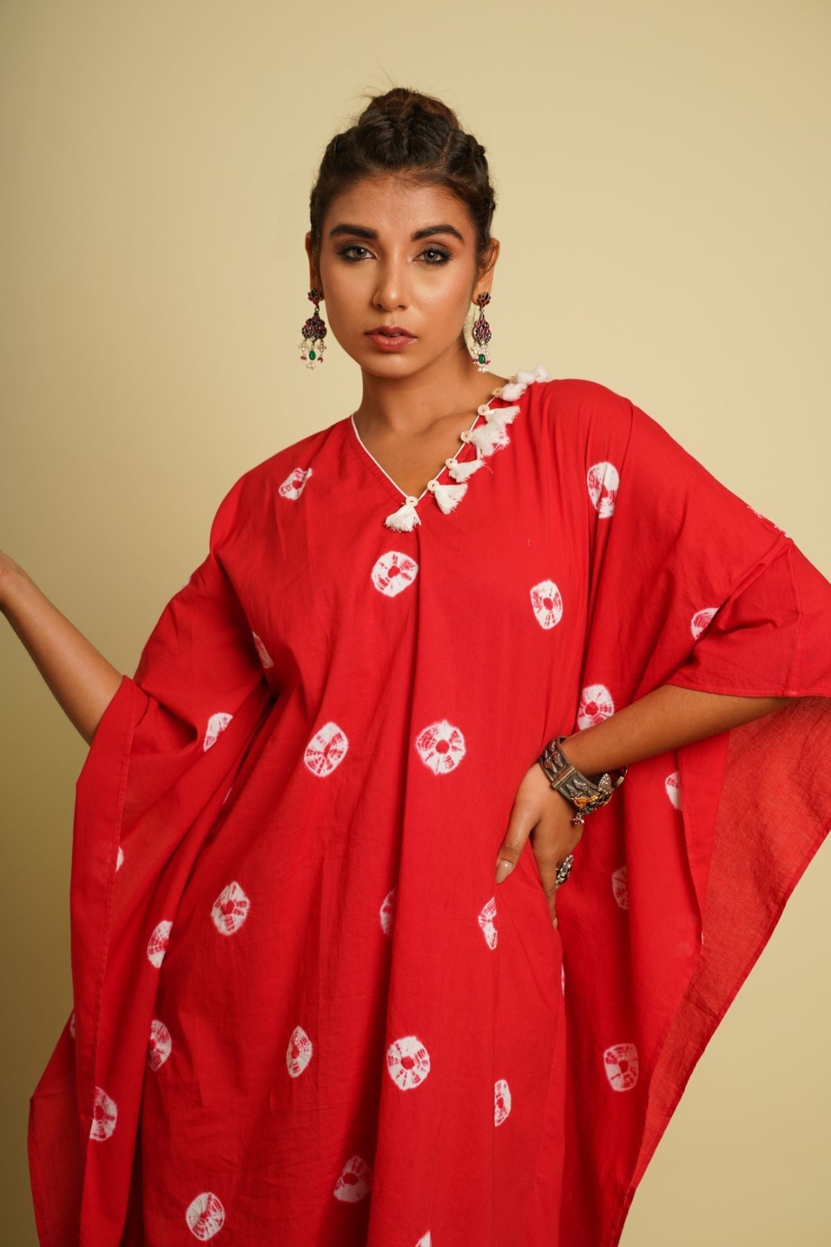 Red Embroidered Cotton Co-ord Set by Keva with 100% cotton, Co-ord Sets, For Anniversary, Fusion Wear, Kaftan Set, Natural, New, Ombre & Dyes, party, Party Wear Co-ords, Red, Relaxed Fit, Saba, Womenswear at Kamakhyaa for sustainable fashion