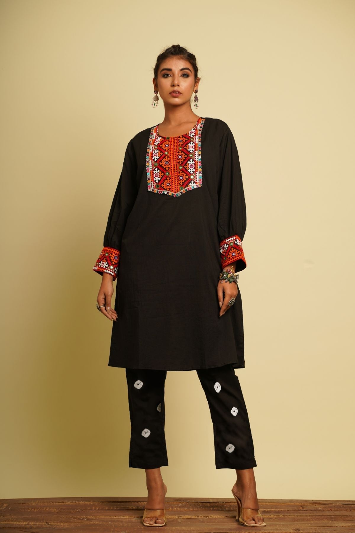 Black Embroidered Cotton Co-ord Set by Keva with 100% cotton, Black, For Mother, Fusion Wear, Indian Wear, Kurta Pant Sets, Natural, New, Ombre & Dyes, Regular Fit, Saba, Womenswear at Kamakhyaa for sustainable fashion