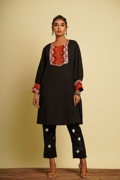 Black Embroidered Cotton Co-ord Set by Keva with 100% cotton, Black, For Mother, Fusion Wear, Indian Wear, Kurta Pant Sets, Natural, New, Ombre & Dyes, Regular Fit, Saba, Womenswear at Kamakhyaa for sustainable fashion