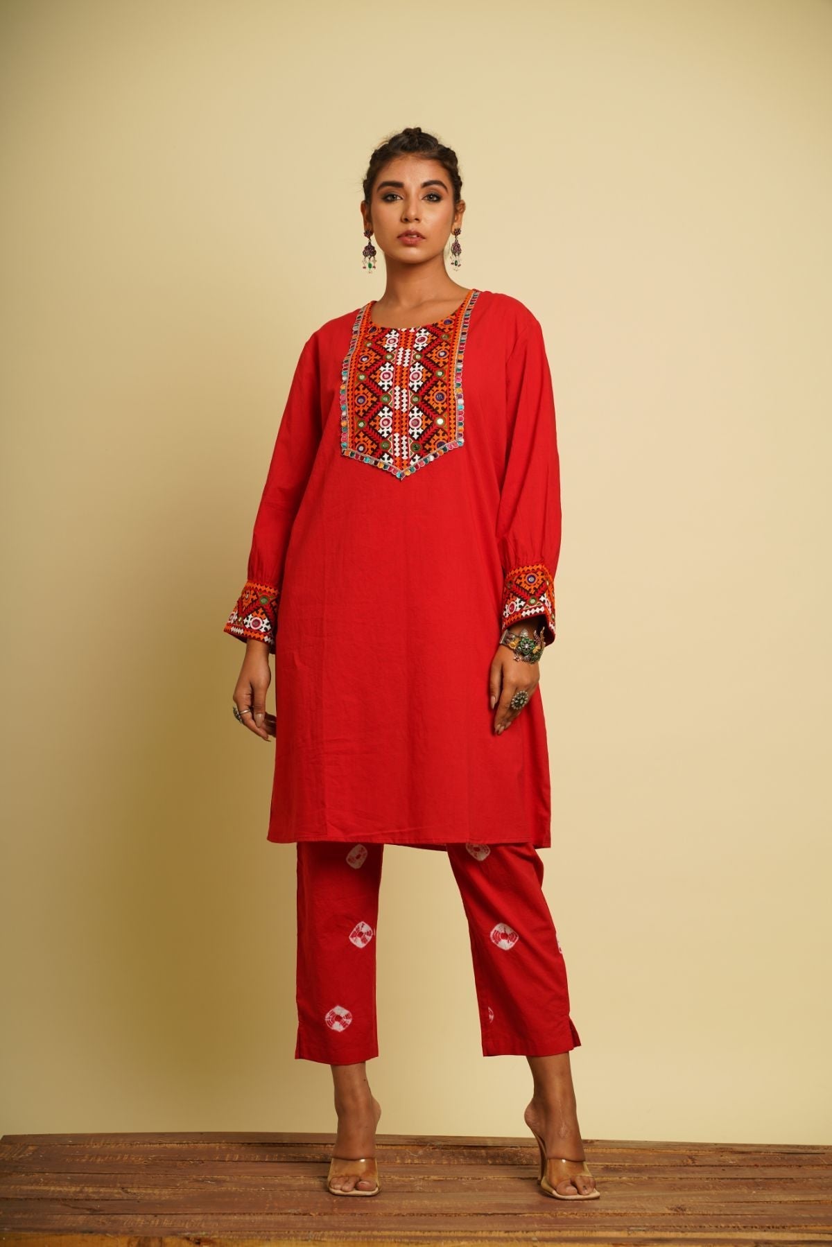 Red Embroidered Cotton Co-ord Set by Keva with 100% cotton, Fusion Wear, Indian Wear, Kurta Pant Sets, Natural, New, Ombre & Dyes, Red, Regular Fit, Saba, Womenswear at Kamakhyaa for sustainable fashion