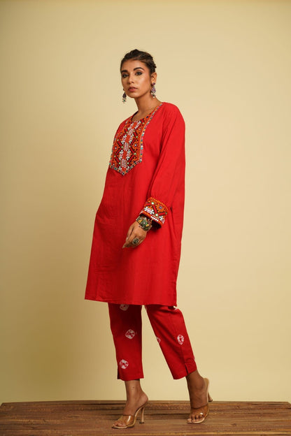 Red Embroidered Cotton Co-ord Set by Keva with 100% cotton, Fusion Wear, Indian Wear, Kurta Pant Sets, Natural, New, Ombre & Dyes, Red, Regular Fit, Saba, Womenswear at Kamakhyaa for sustainable fashion