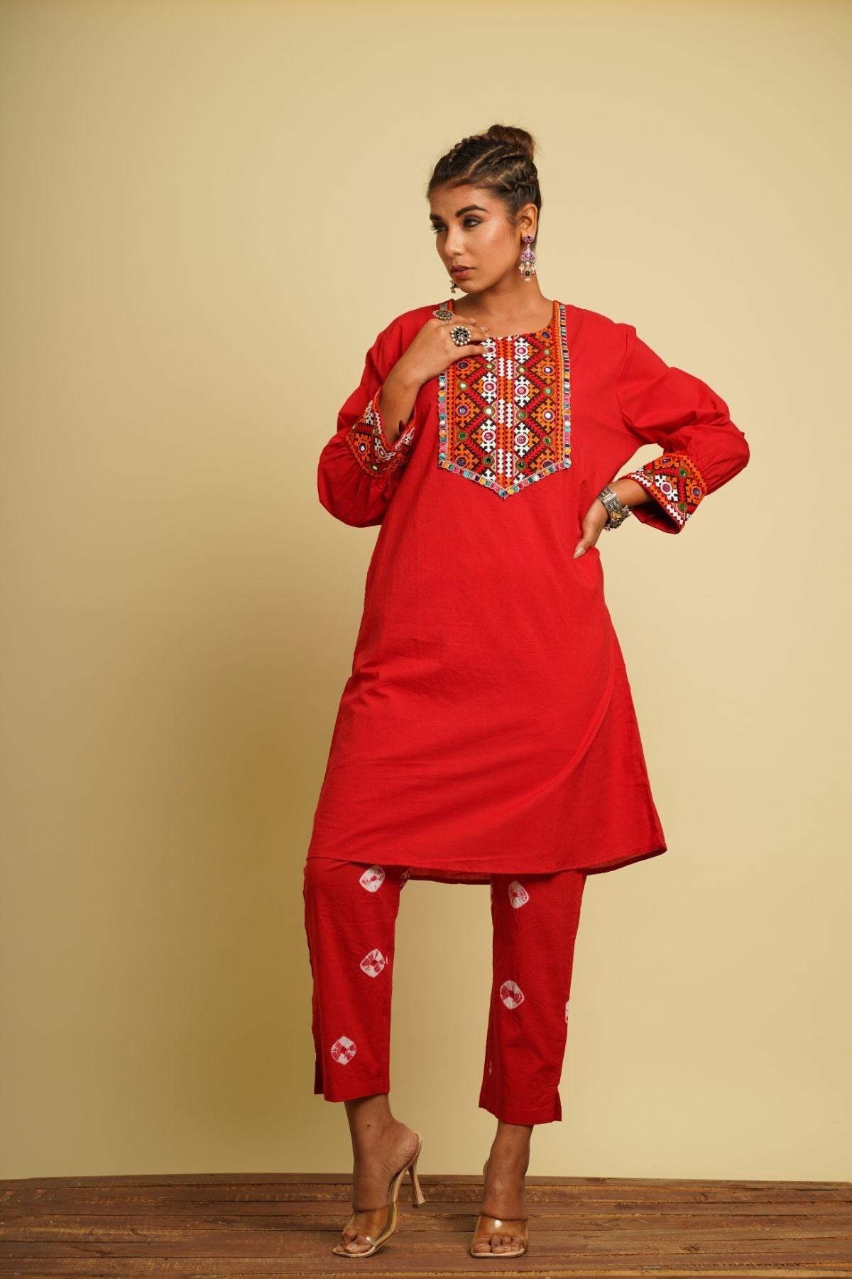 Red Embroidered Cotton Co-ord Set by Keva with 100% cotton, Fusion Wear, Indian Wear, Kurta Pant Sets, Natural, New, Ombre & Dyes, Red, Regular Fit, Saba, Womenswear at Kamakhyaa for sustainable fashion
