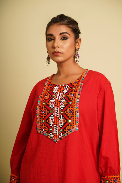 Red Embroidered Cotton Co-ord Set by Keva with 100% cotton, Fusion Wear, Indian Wear, Kurta Pant Sets, Natural, New, Ombre & Dyes, Red, Regular Fit, Saba, Womenswear at Kamakhyaa for sustainable fashion