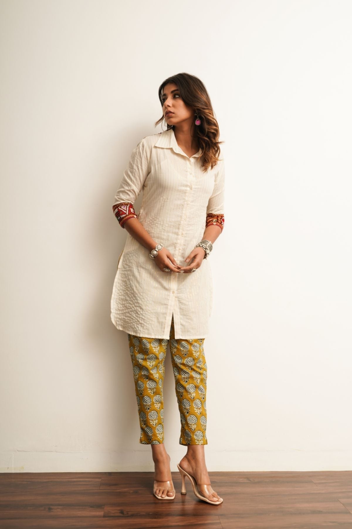 Cotton Straight Pants Bottoms 100% cotton, Fusion Wear, Mustard, Natural, Pants, Prints, Regular Fit, Saba Keva Kamakhyaa
