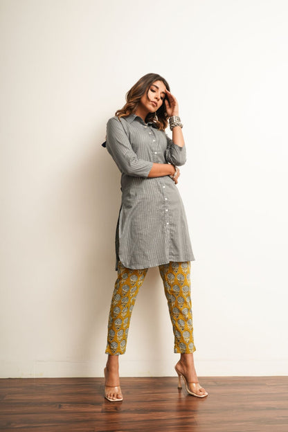 Grey Shirt And Pants - Set Of Two Complete Sets 100% cotton, Co-ord Sets, Fusion Wear, Grey, Natural, Prints, Regular Fit, Saba Keva Kamakhyaa