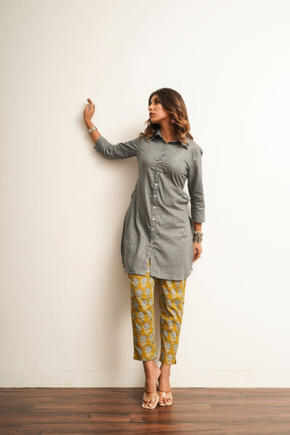 Grey Shirt And Pants - Set Of Two Complete Sets 100% cotton, Co-ord Sets, Fusion Wear, Grey, Natural, Prints, Regular Fit, Saba Keva Kamakhyaa