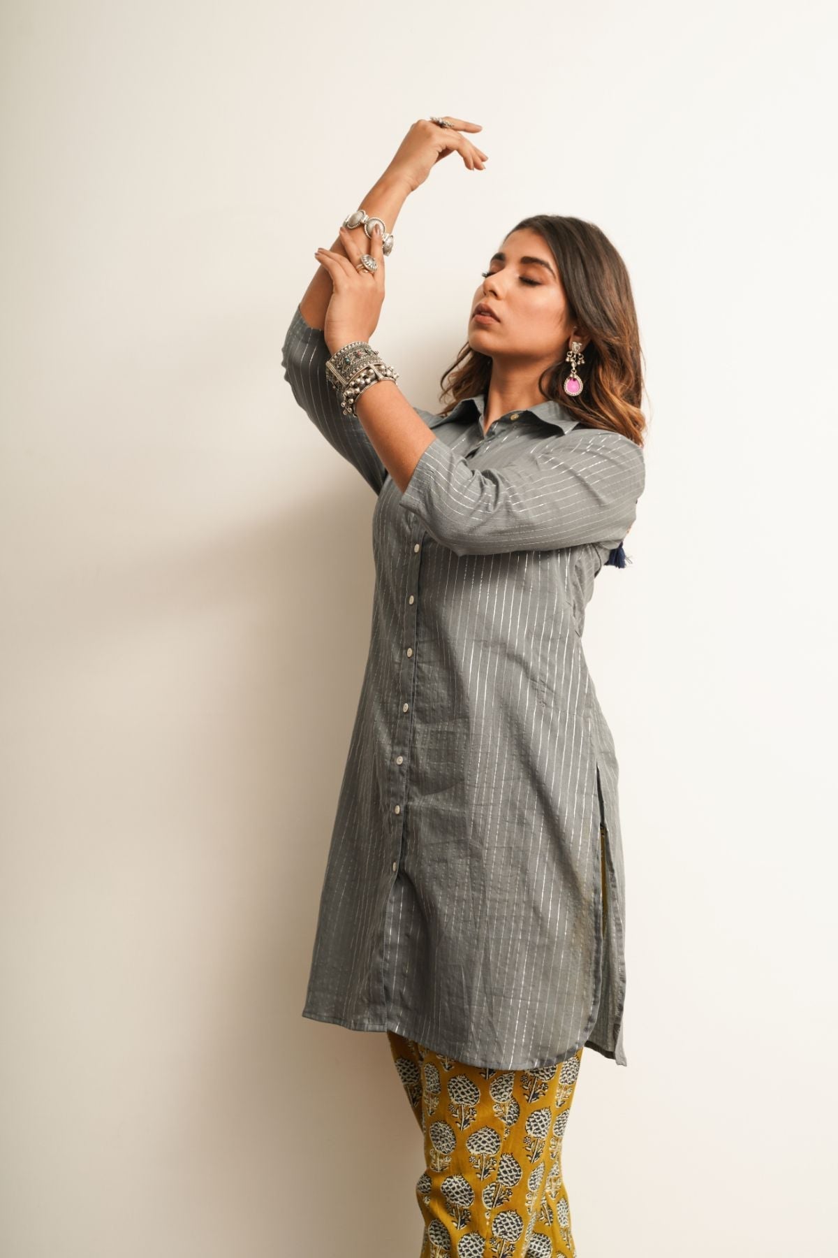Grey Long Shirt With Embroidered Back Detailing Tops 100% cotton, Fusion Wear, Grey, Natural, Prints, Regular Fit, Saba, Keva Kamakhyaa