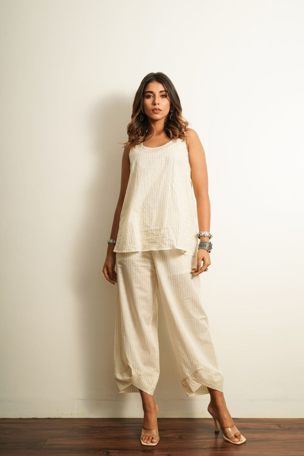 White Cotton Co-ord Set by Keva with 100% cotton, Best Selling, Co-ord Sets, For Anniversary, Fusion Wear, Less than $50, Natural, New, Off-white, party, Party Wear Co-ords, Relaxed Fit, Saba, Solids, White, Womenswear at Kamakhyaa for sustainable fashion