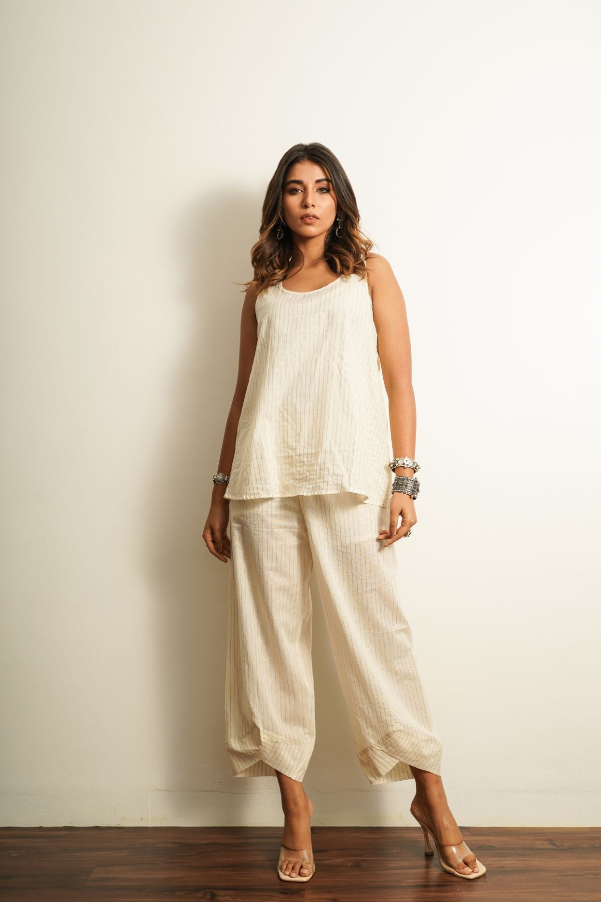 White Cotton Co-ord Set by Keva with 100% cotton, Best Selling, Co-ord Sets, For Anniversary, Fusion Wear, Less than $50, Natural, New, Off-white, party, Party Wear Co-ords, Relaxed Fit, Saba, Solids, White, Womenswear at Kamakhyaa for sustainable fashion