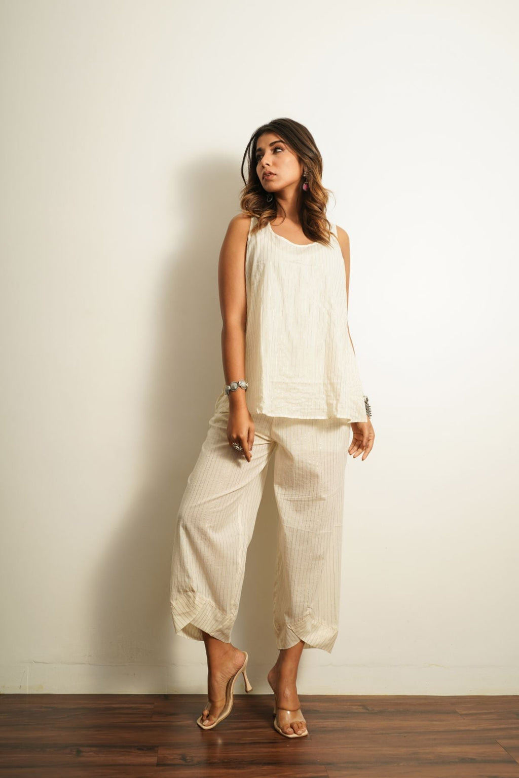 White Cotton 3 pc Co-ord Set by Keva with 100% cotton, Best Selling, Cape, Co-ord Sets, FB ADS JUNE, Fusion Wear, Natural, New, Off-white, party, Party Wear Co-ords, Printed Selfsame, Relaxed Fit, Saba, Solids, White, Womenswear at Kamakhyaa for sustainable fashion