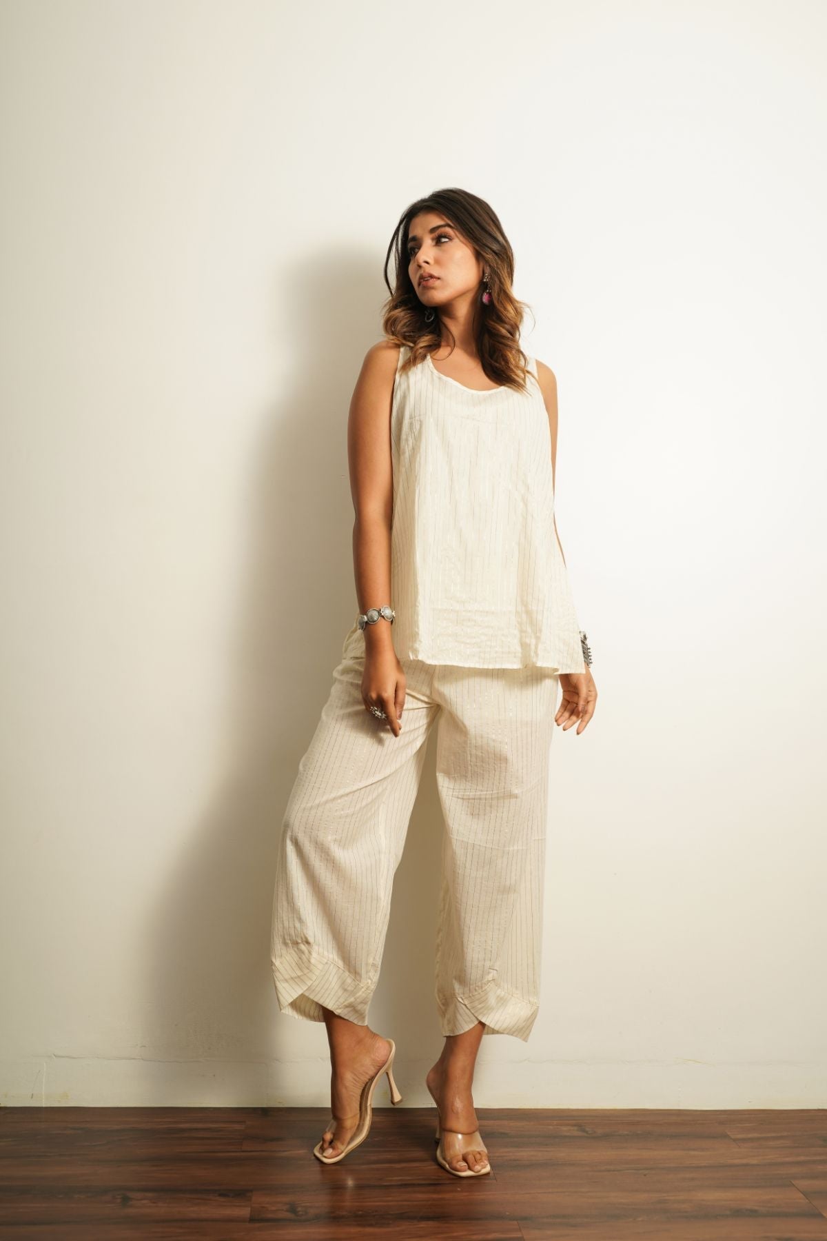 White Cotton 3 pc Co-ord Set by Keva with 100% cotton, Best Selling, Cape, Co-ord Sets, FB ADS JUNE, Fusion Wear, Natural, New, Off-white, party, Party Wear Co-ords, Printed Selfsame, Relaxed Fit, Saba, Solids, White, Womenswear at Kamakhyaa for sustainable fashion