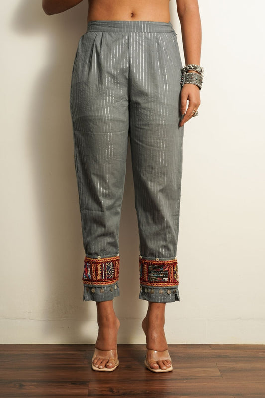 Grey Embroidered Cotton Straight Pant 100% cotton, Fusion Wear, Grey, Natural, New, Pants, Prints, Relaxed Fit, Saba, Verification Kamakhyaa