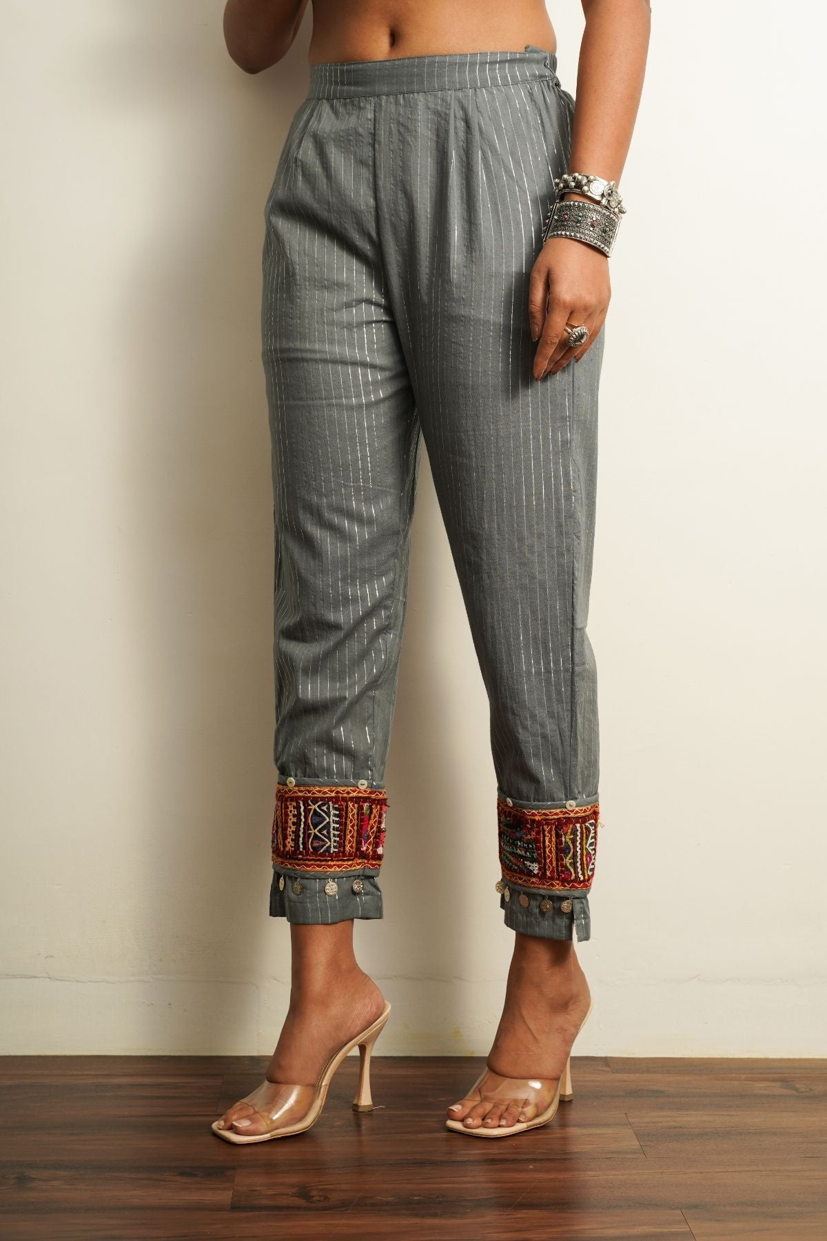 Grey Embroidered Cotton Straight Pant by Keva with 100% cotton, Best Selling, Capris, Fusion Wear, Grey, Less than $50, Natural, New, Prints, Relaxed Fit, Saba, Womenswear at Kamakhyaa for sustainable fashion