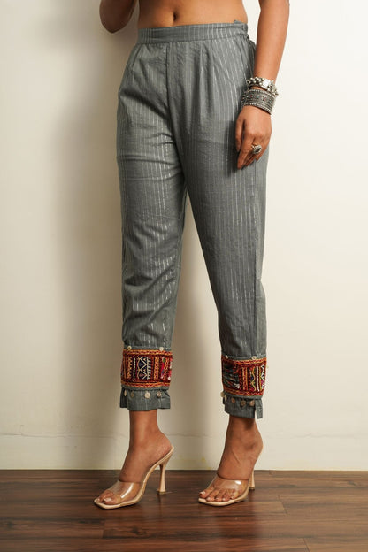 Grey Embroidered Cotton Straight Pant by Keva with 100% cotton, Best Selling, Capris, Fusion Wear, Grey, Less than $50, Natural, New, Prints, Relaxed Fit, Saba, Womenswear at Kamakhyaa for sustainable fashion