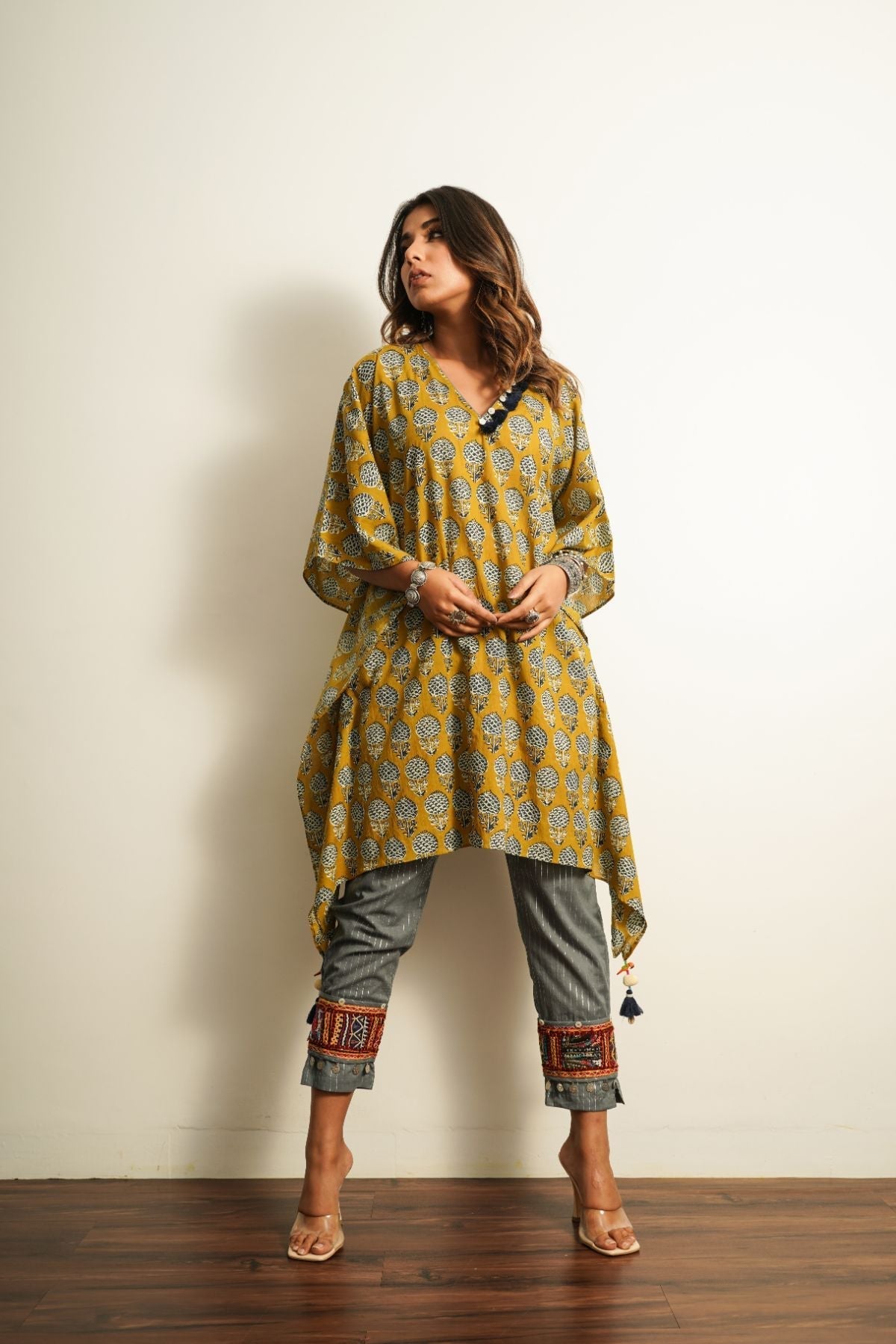 Kaftan And Pants - Set Of Two Complete Sets 100% cotton, Fusion Wear, Set, Mustard, Natural, Prints, Relaxed Fit, Saba Keva Kamakhyaa