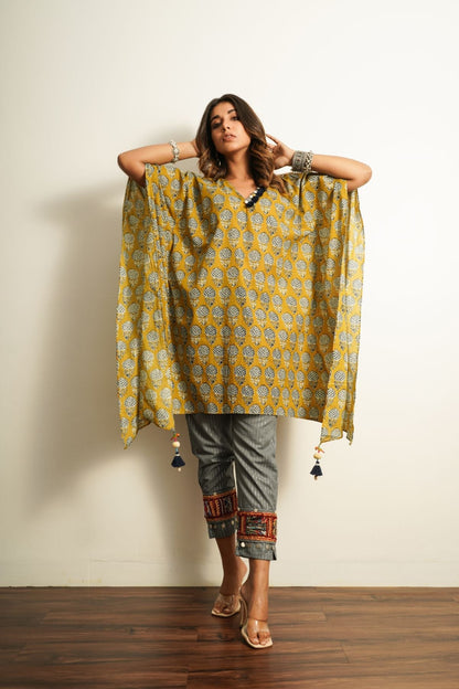 Tassle Detailed Cotton Kaftan Dresses 100% cotton, Fusion Wear, Kaftan, Mustard, Natural, Prints, Relaxed Fit, Saba Keva Kamakhyaa