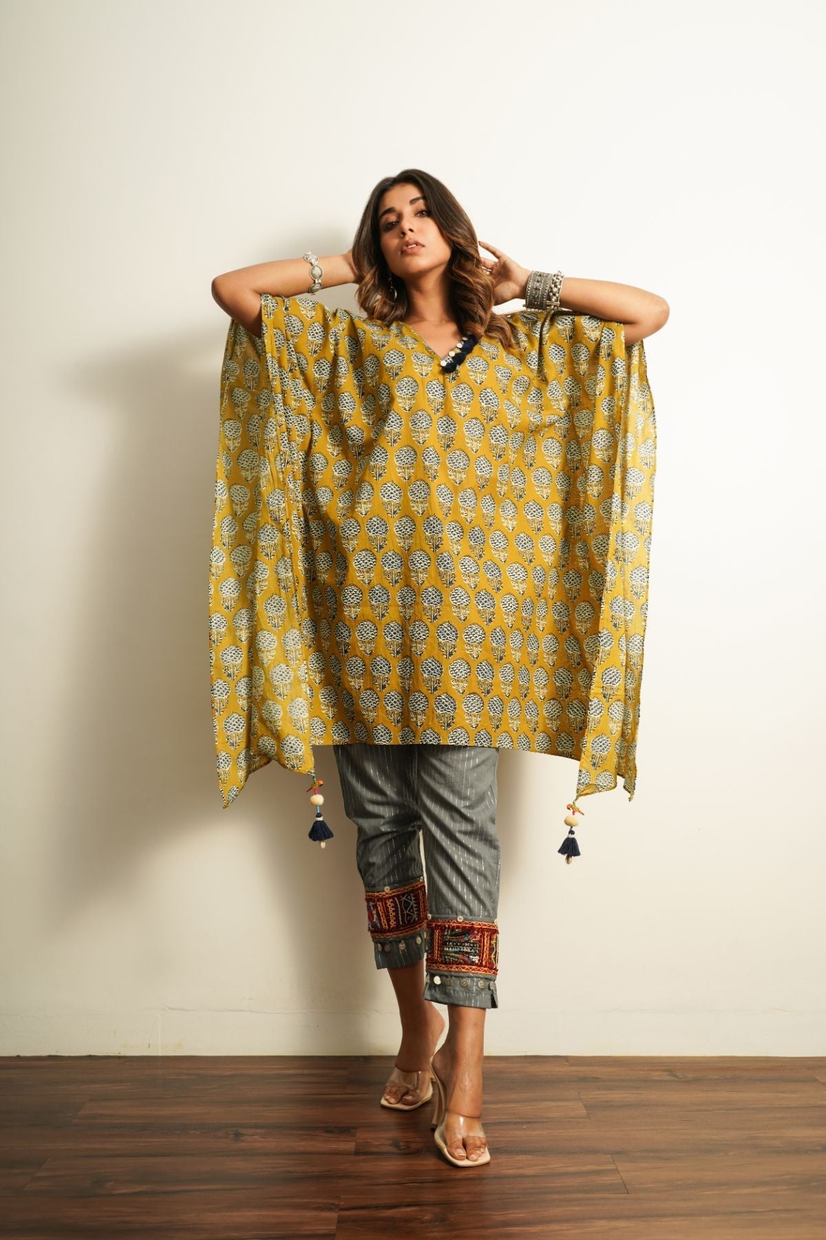 Yellow Printed Cotton Kaftan by Keva with 100% cotton, Best Selling, Fusion Wear, Kaftan Tops, Less than $50, Natural, New, Prints, Relaxed Fit, Saba, Womenswear, Yellow at Kamakhyaa for sustainable fashion