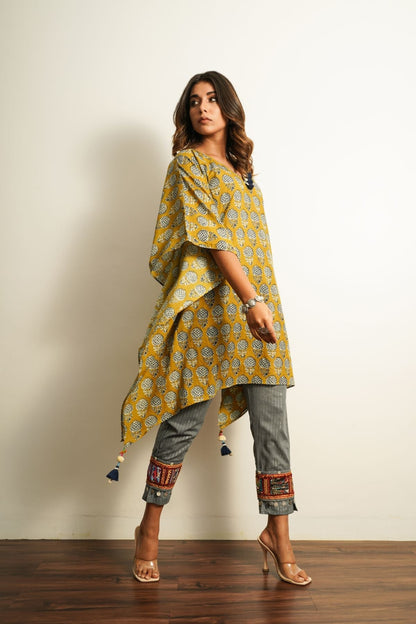 Kaftan And Pants - Set Of Two Complete Sets 100% cotton, Fusion Wear, Set, Mustard, Natural, Prints, Relaxed Fit, Saba Keva Kamakhyaa