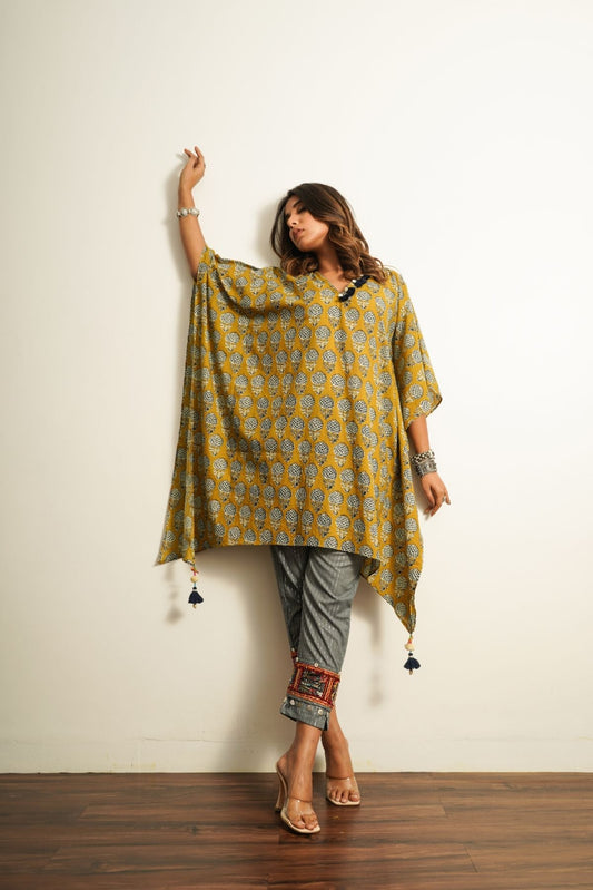 Yellow Printed Cotton Kaftan by Keva with 100% cotton, Best Selling, Fusion Wear, Kaftan Tops, Less than $50, Natural, New, Prints, Relaxed Fit, Saba, Womenswear, Yellow at Kamakhyaa for sustainable fashion
