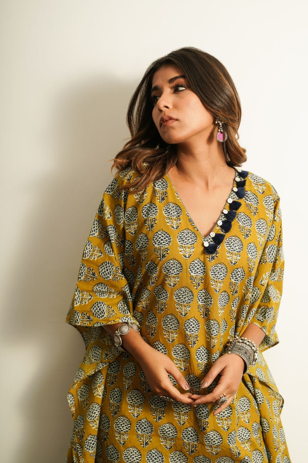 Yellow Printed Cotton Kaftan by Keva with 100% cotton, Best Selling, Fusion Wear, Kaftan Tops, Less than $50, Natural, New, Prints, Relaxed Fit, Saba, Womenswear, Yellow at Kamakhyaa for sustainable fashion
