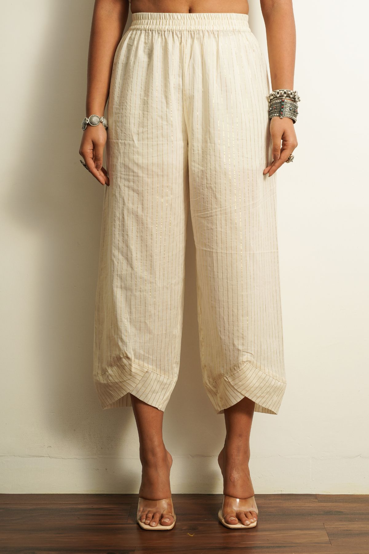 White Embroidered Cotton Pant by Keva with 100% cotton, Best Selling, Capris, Fusion Wear, Less than $50, Natural, New, Off-white, Products less than $25, Relaxed Fit, Saba, Solids, White, Womenswear at Kamakhyaa for sustainable fashion