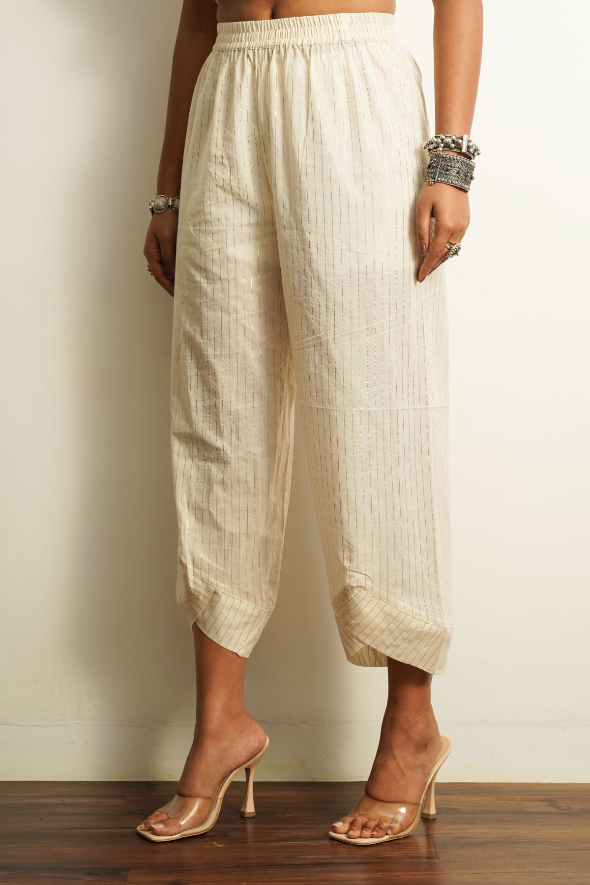 Ankle Length Pants Bottoms 100% cotton, Fusion Wear, Ivory, Natural, Pants, Relaxed Fit, Saba, Solids Keva Kamakhyaa