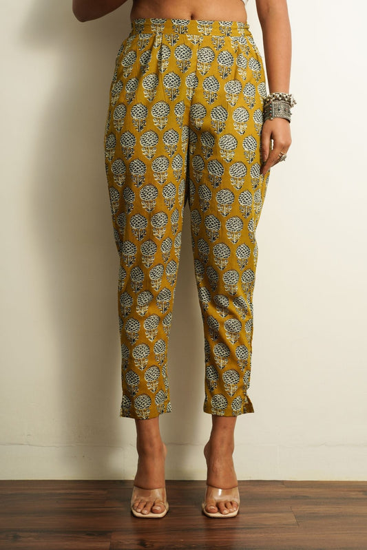 Yellow Printed Cotton Straight Pant by Keva with 100% cotton, Best Selling, Capris, Fusion Wear, Less than $50, Natural, New, Prints, Products less than $25, Regular Fit, Saba, Womenswear, Yellow at Kamakhyaa for sustainable fashion