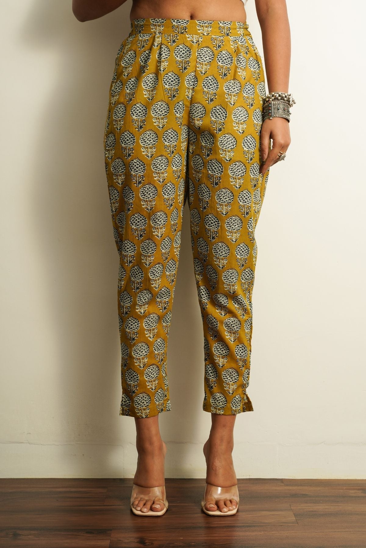 Yellow Printed Cotton Straight Pant by Keva with 100% cotton, Best Selling, Capris, Fusion Wear, Less than $50, Natural, New, Prints, Products less than $25, Regular Fit, Saba, Womenswear, Yellow at Kamakhyaa for sustainable fashion